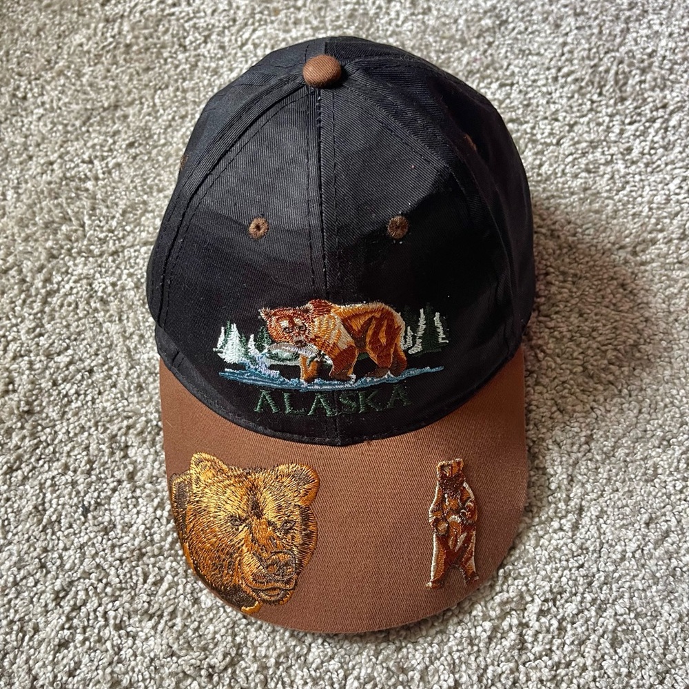 Embroidered Vintage Retro Brown Black Alaska Bear Hat